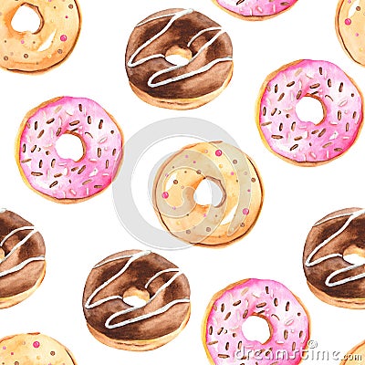 Watercolor seamless pattern with donuts. Stock Photo