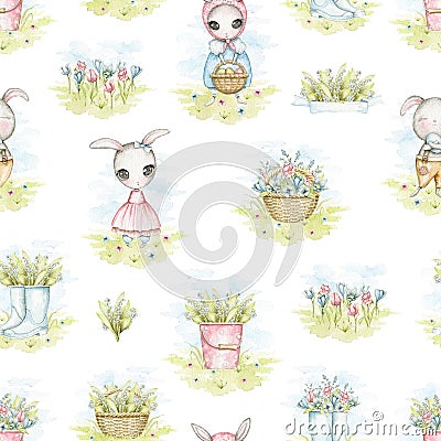 Watercolor seamless pattern with Easter bunnies, bucket, gumboots and basket with flowers in the meadow Cartoon Illustration