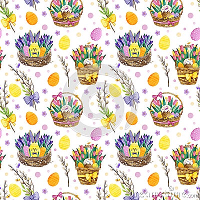 Watercolor seamless pattern with easter bunnies on a white background with pussy-willow breanches, easter cakes, bows, eggs. Stock Photo
