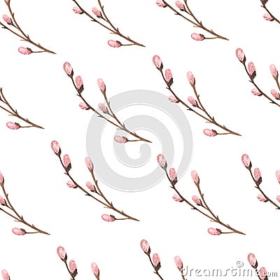 Watercolor seamless pattern with easter pink willow branches, easter print Stock Photo