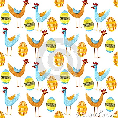 Watercolor seamless pattern with eggs and chicken for Easter and other users. Stock Photo