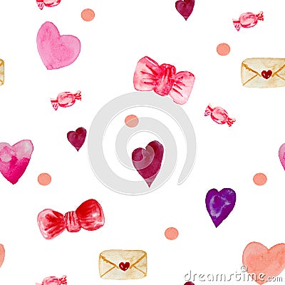 Watercolor seamless pattern of envelopes, hearts, bows, carameles and confetti Stock Photo