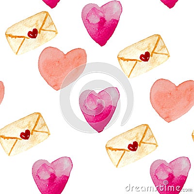 Watercolor seamless pattern of envelopes, hearts in red and pink colors Stock Photo