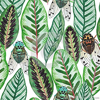 Watercolor seamless pattern with exotic tropical leaves and colorful cicada insects Cartoon Illustration