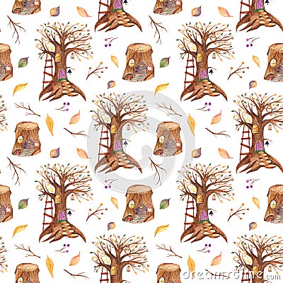 Watercolor seamless pattern with fairytale tree and stump. Stock Photo