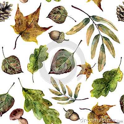 Watercolor seamless pattern with fall leaves. Hand painted green and yellow autumn leaves, mushrooms, pine cone, acorn Stock Photo