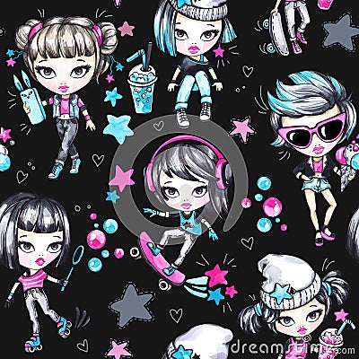 Watercolor seamless pattern with fashion teenagers. Glamorous and sport girls. Summer bright illustration. Have fun Cartoon Illustration