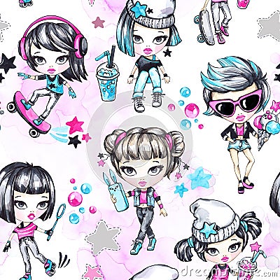 Watercolor seamless pattern with fashion teenagers. Glamorous and sport girls. Summer bright illustration. Have fun Cartoon Illustration