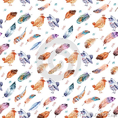 Watercolor seamless pattern with feathers and birds on white background Stock Photo