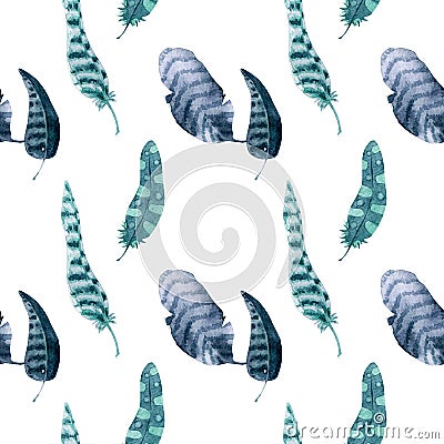 Watercolor seamless pattern with feathers Stock Photo