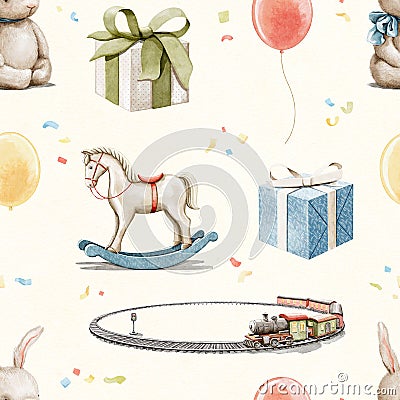 Watercolor seamless pattern with festive colorful happy birthday objects and toys Cartoon Illustration
