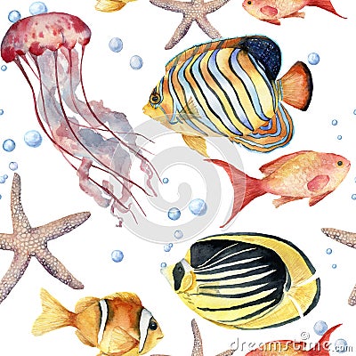 Watercolor seamless pattern with fish. Hand painted tropical fish, starfish, jellyfish, and air bubbles. Nautical Cartoon Illustration