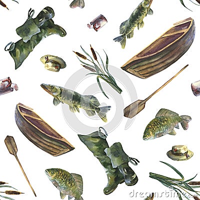 Watercolor seamless pattern of the fishing, pike, carp, paddle, fishing rod, hat, and fisherman is fishing with a bait Stock Photo