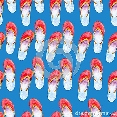 Watercolor seamless pattern with flip-flops on blue background, bright hand-drawn background. Stock Photo