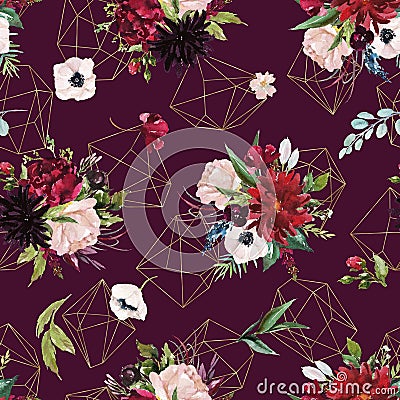 Watercolor seamless pattern. Floral geometric illustration - flowers bouquets with gold shapes / crystals on burgundy / maroon Cartoon Illustration