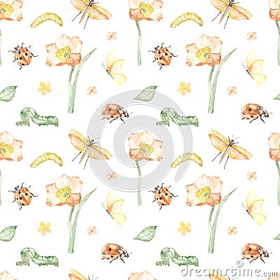 Watercolor seamless pattern with flower, insects, ladybug, caterpillars, butterfly, grasshopper on white background Stock Photo