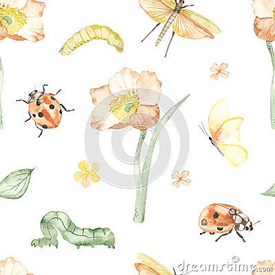 Watercolor seamless pattern with flower, insects, ladybug, caterpillars, butterfly, grasshopper on white background Stock Photo