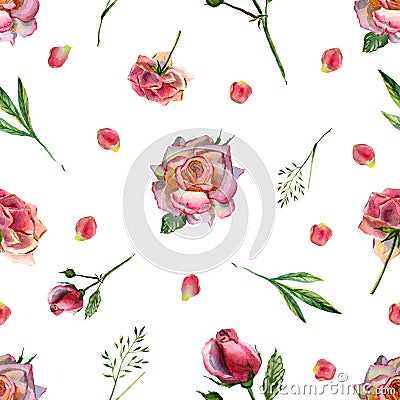 Watercolor seamless pattern with flowers and pink petals Stock Photo