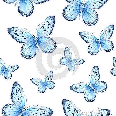 Watercolor seamless pattern with flying blue butterflies Stock Photo