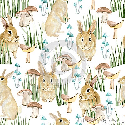 Watercolor seamless pattern forest animal. Cute baby illustration with rabbit, green grass, mushroom for the textile fabric. Cartoon Illustration