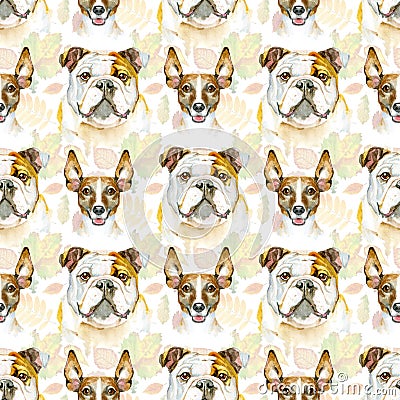Watercolor seamless pattern of bulldog and jack russell terrier. Pet, puppy background. Animal wallpaper Stock Photo