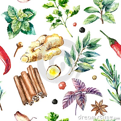 Watercolor seamless pattern of fresh herbs and spices . Vector Illustration