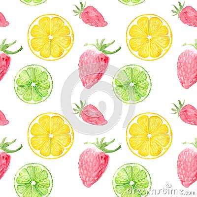 Watercolor seamless pattern with fruits and berries: strawberry, lime and lemon isolated on white background Stock Photo