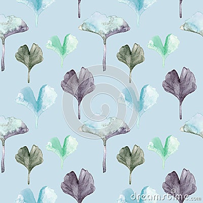 Watercolor seamless pattern with Gingko leaves.blue, purple and green colors Cartoon Illustration