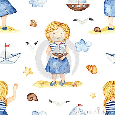 Watercolor seamless pattern with a girl sailor, boat, clouds, shells, seagulls Stock Photo