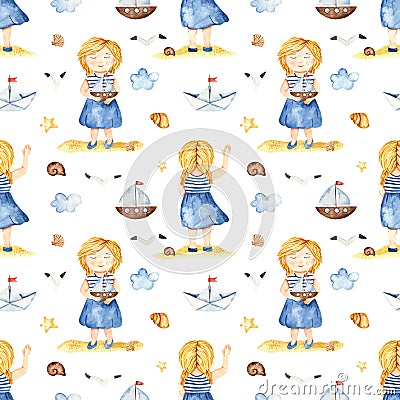 Watercolor seamless pattern with a girl sailor, boat, clouds, shells, seagulls on a white background Stock Photo