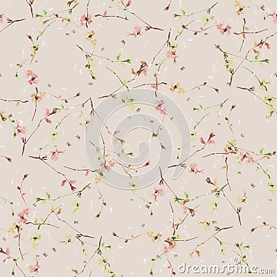 Watercolor seamless pattern of green, beige, yellow branches on a beige background- 6 Stock Photo