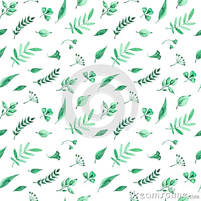 Watercolor seamless pattern with green herbs and leaves on white background Stock Photo