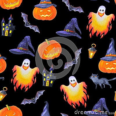 Watercolor seamless pattern of halloween bright elements. Jack O Lantern, ghost and bat. Stock Photo