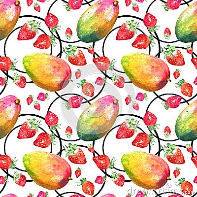 Watercolor seamless pattern with hand drawn fresh juicy fruits Stock Photo