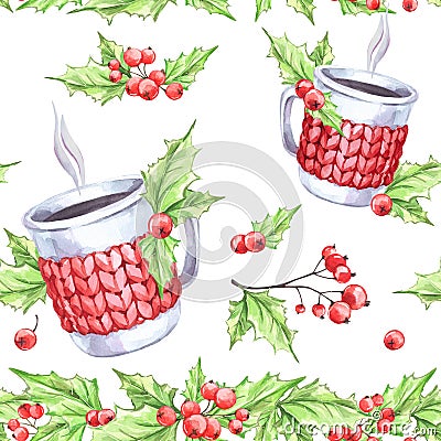 Watercolor seamless pattern. Hand painted cup of hot drink with knitted case, rowan and leaves. Christmas floral border Stock Photo