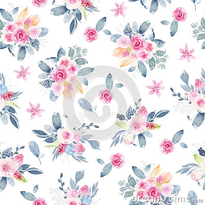 Watercolor seamless pattern hand painted with flower pink peony rose leaves Cartoon Illustration