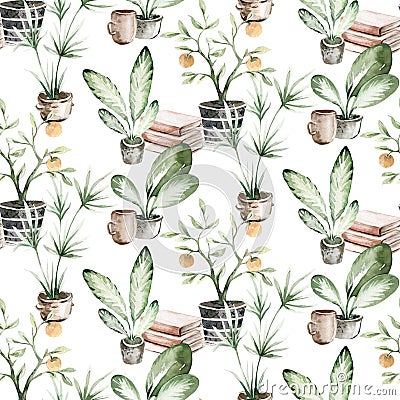 Watercolor seamless pattern of hand painted house potted houseplant. green plants in flower pots. Scrapbooking paper Stock Photo