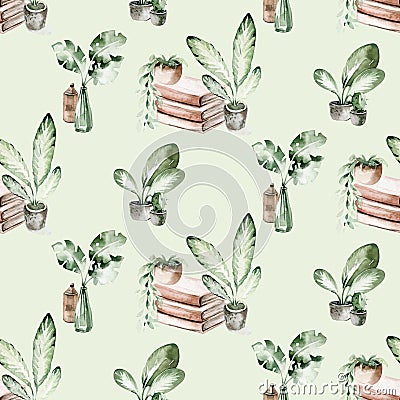 Watercolor seamless pattern of hand painted house potted houseplant. green plants in flower pots. Scrapbooking paper background of Stock Photo