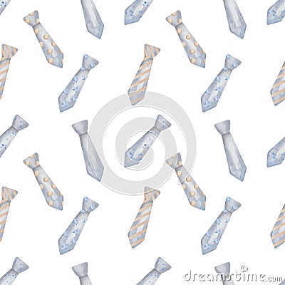 Watercolor seamless pattern from hand painted illustration of grey men neck ties with blue stars, brown dots, stripes Cartoon Illustration