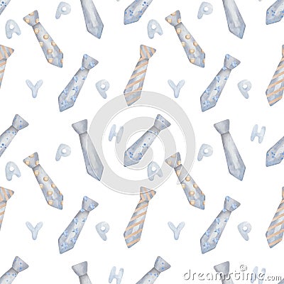 Watercolor seamless pattern from hand painted illustration of grey men neck ties with blue stars, brown dots, stripes Cartoon Illustration