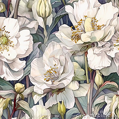 Watercolor seamless pattern with helleborus in white soft neutral tones. Floral texture for fabrics, textile and background. Stock Photo