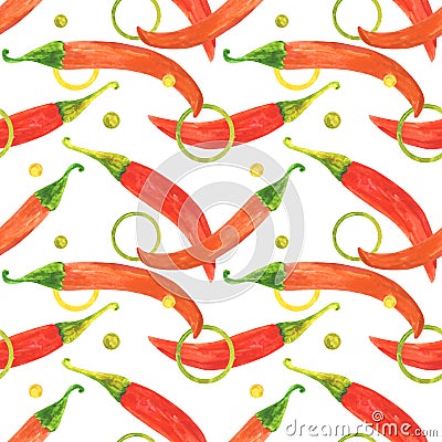 Vegetable illustration of vegan food for printing on paper or fabric. Watercolor pattern of hot red pepper. Cartoon Illustration