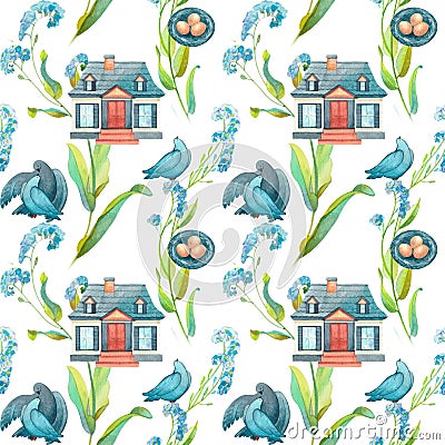 Watercolor seamless pattern with house, couple of birds, nest and small blue flowers. Stock Photo