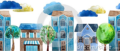 Watercolor seamless pattern. house, trees, clouds. Stock Photo