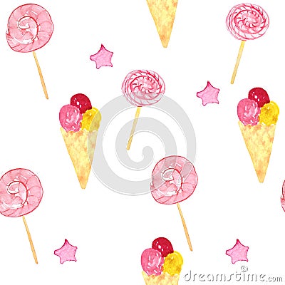 Watercolor seamless pattern of ice cream and candy Stock Photo