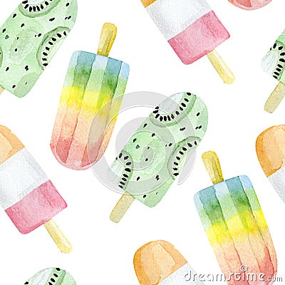 Watercolor seamless pattern ice cream. Summer party colorful dessert Stock Photo