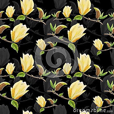 Watercolor seamless pattern with illustration of yellow magnolia branch on black background Cartoon Illustration