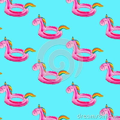 Watercolor seamless pattern of inflatable circles in the form of a pink unicorn on a blue background. Pattern for fabric and Stock Photo