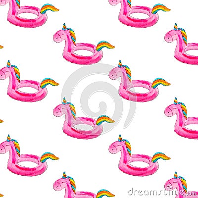 Watercolor seamless pattern of inflatable circles in the form of a pink unicorn on a white background. Pattern for Stock Photo