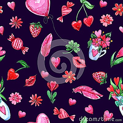 Watercolor Valentine`s day Seamless pattern Cartoon Illustration